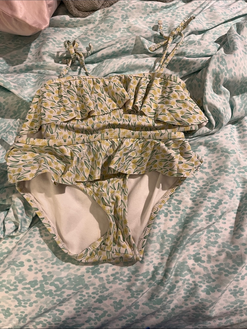 Ruffled Two-Piece Floral Swim Set in Lemon Green